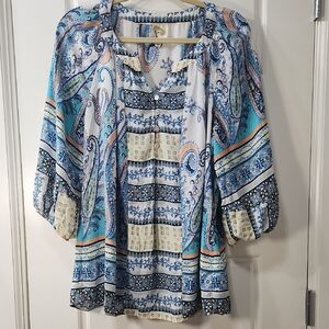 Fig and Flower Paisley Blouse - Blue and White 1X